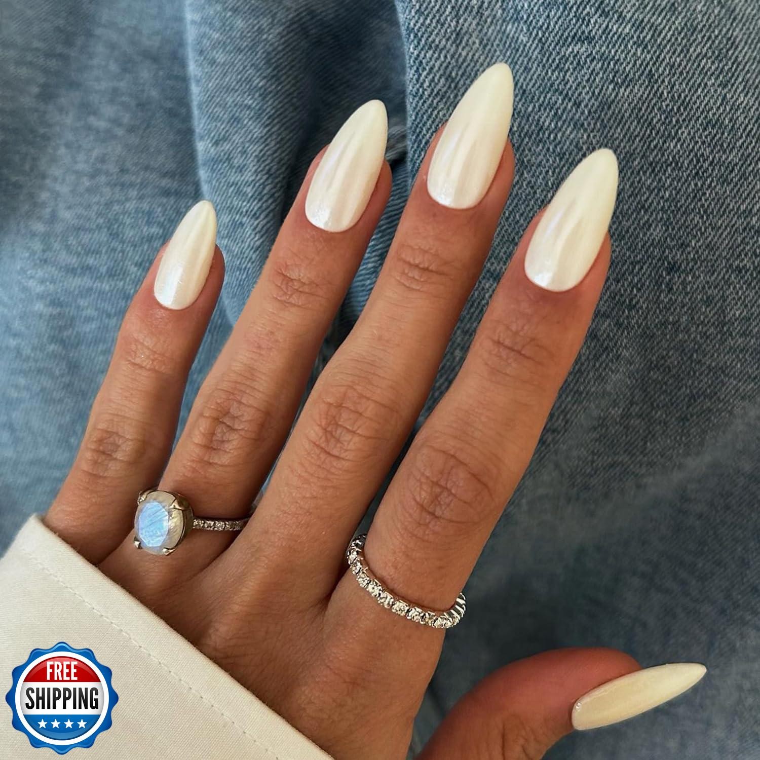 Qsnidy Chrome Press On Nails Almond, Glazed Pearl White Glue on Nails Medium