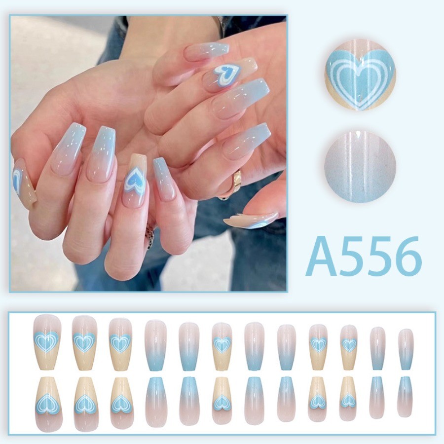 48 Pcs Light Blue Heart Gradient Coffin Press on Nails, Glossy Trendy Fake Nails