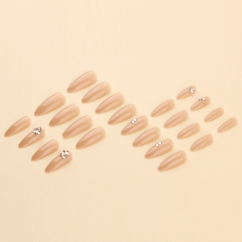 48pcs Short Almond Press on Nails, Nude Clear Single Rhinestone Elegant Nails