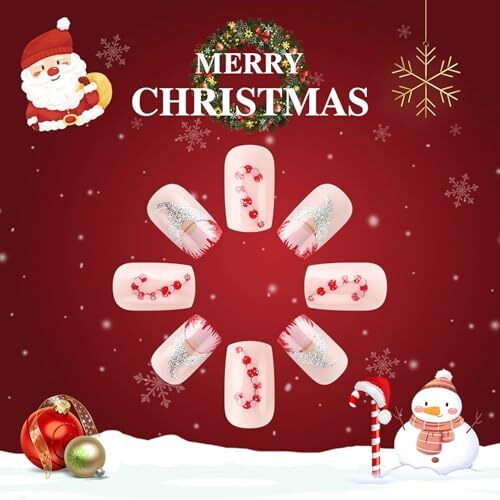 Christmas Press on Nails Medium Square SWEKKE Winter Fake Christmas Nails17