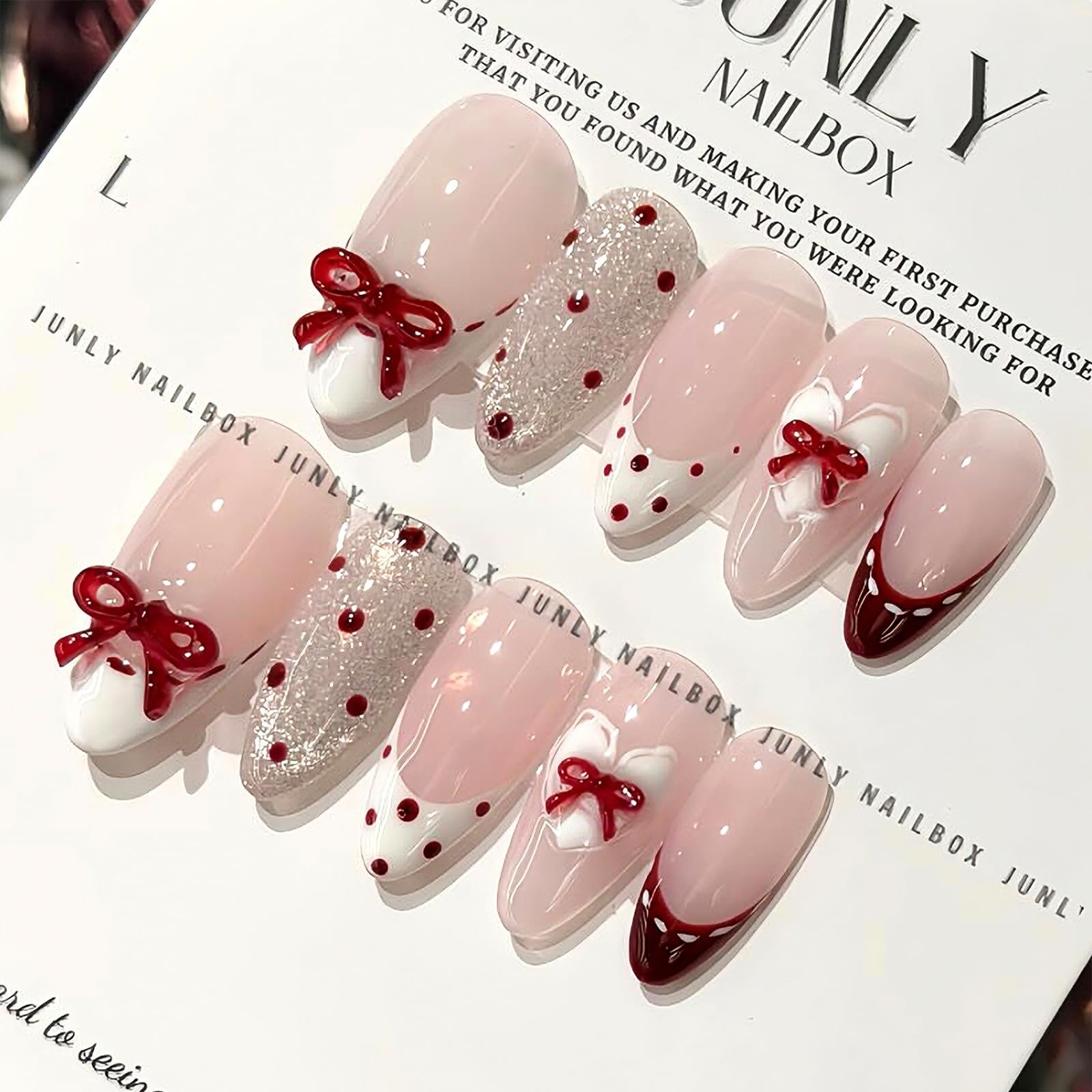 French Tip Press on Nails Medium Almond Cute Red Bow Fake Nails with Polka Do…