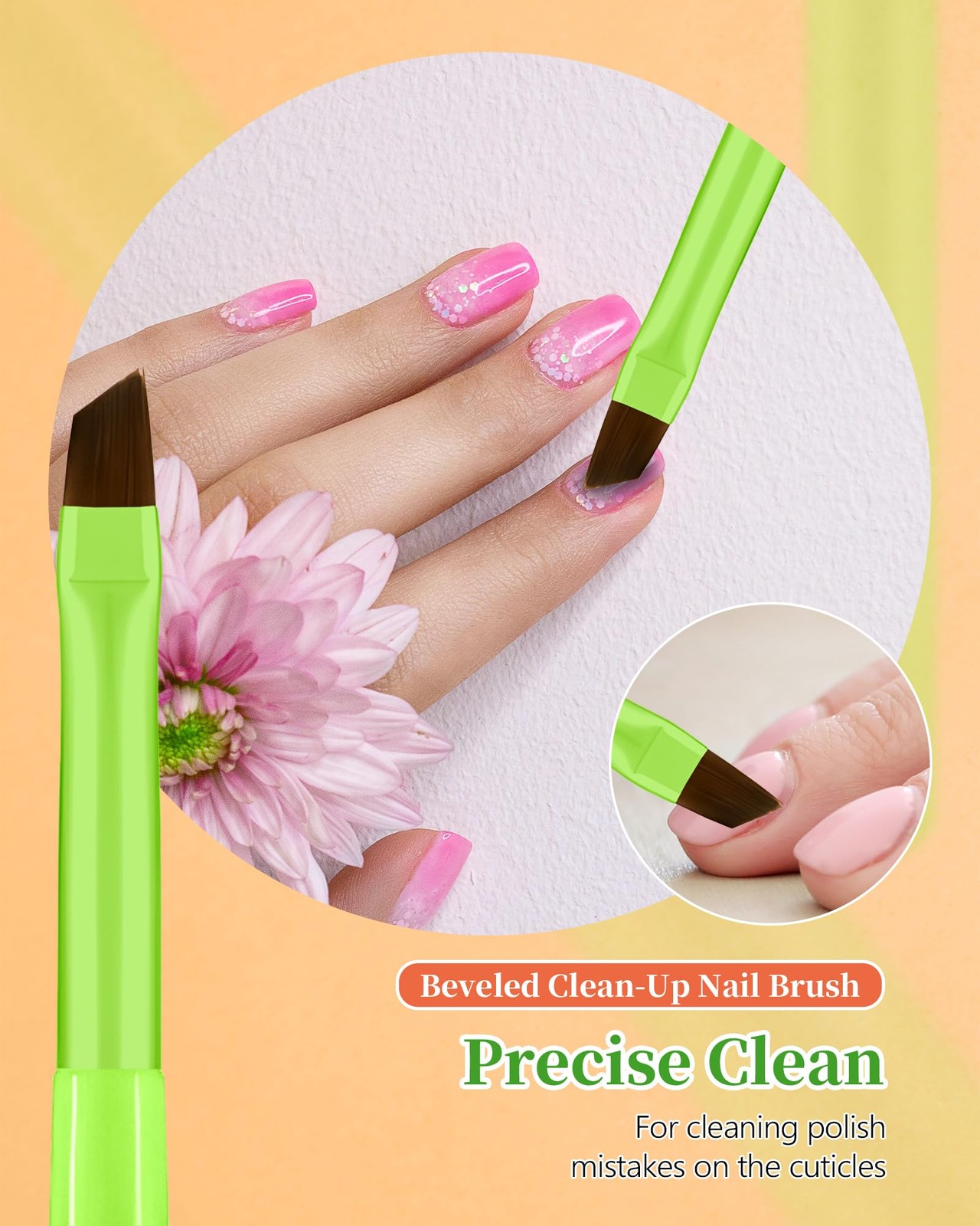 3PCS Nail Polish Clean Up Brush, Round&Falt&Angled Acetone Bright Green