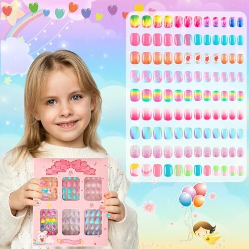 216Pcs 9 Pack Kids Press on Nails Grils Full Cover Short False Gradient Style