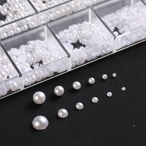 Multi Sizes Round and Half Round Pearls 3D Nail Charms, White Flatback Pearls…