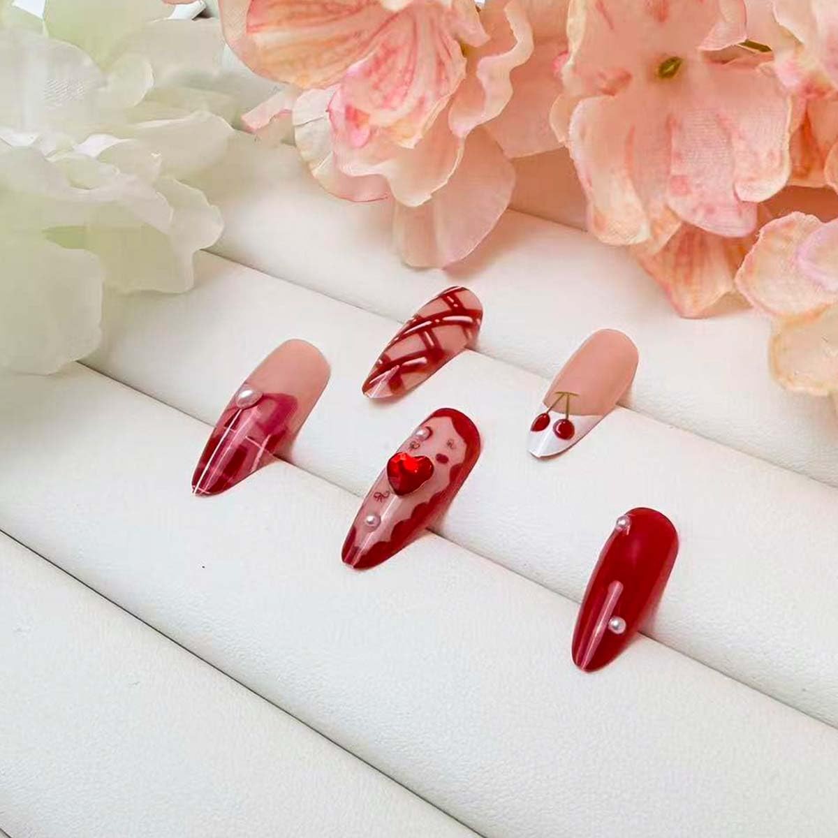 24Pcs Valentines French Tip Press on Nails Medium Almond Bow Cherry Heart Fak…
