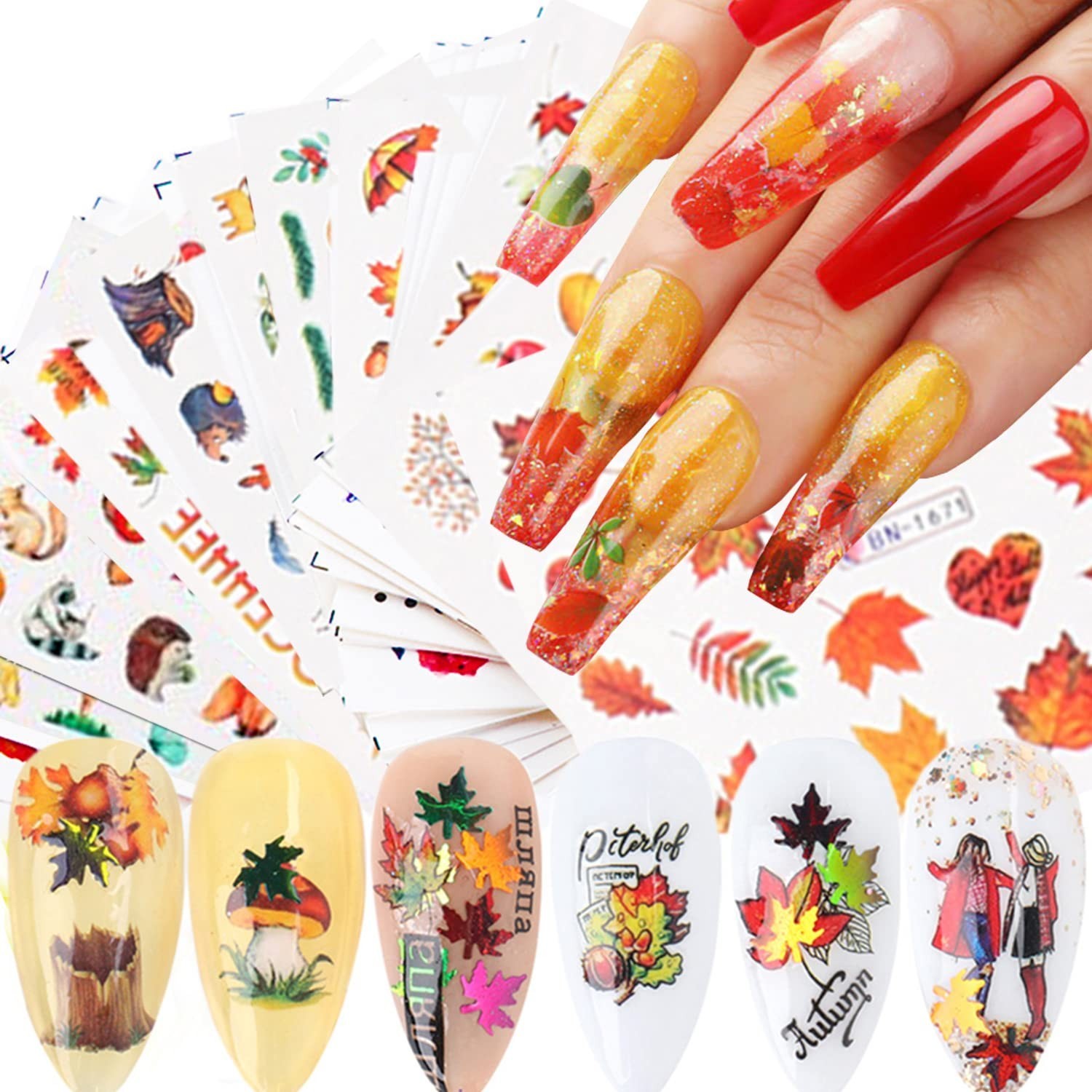 24 Sheets Fall Nail Art Decals, Holographic Autumn Leaf Water Transfer Decal …
