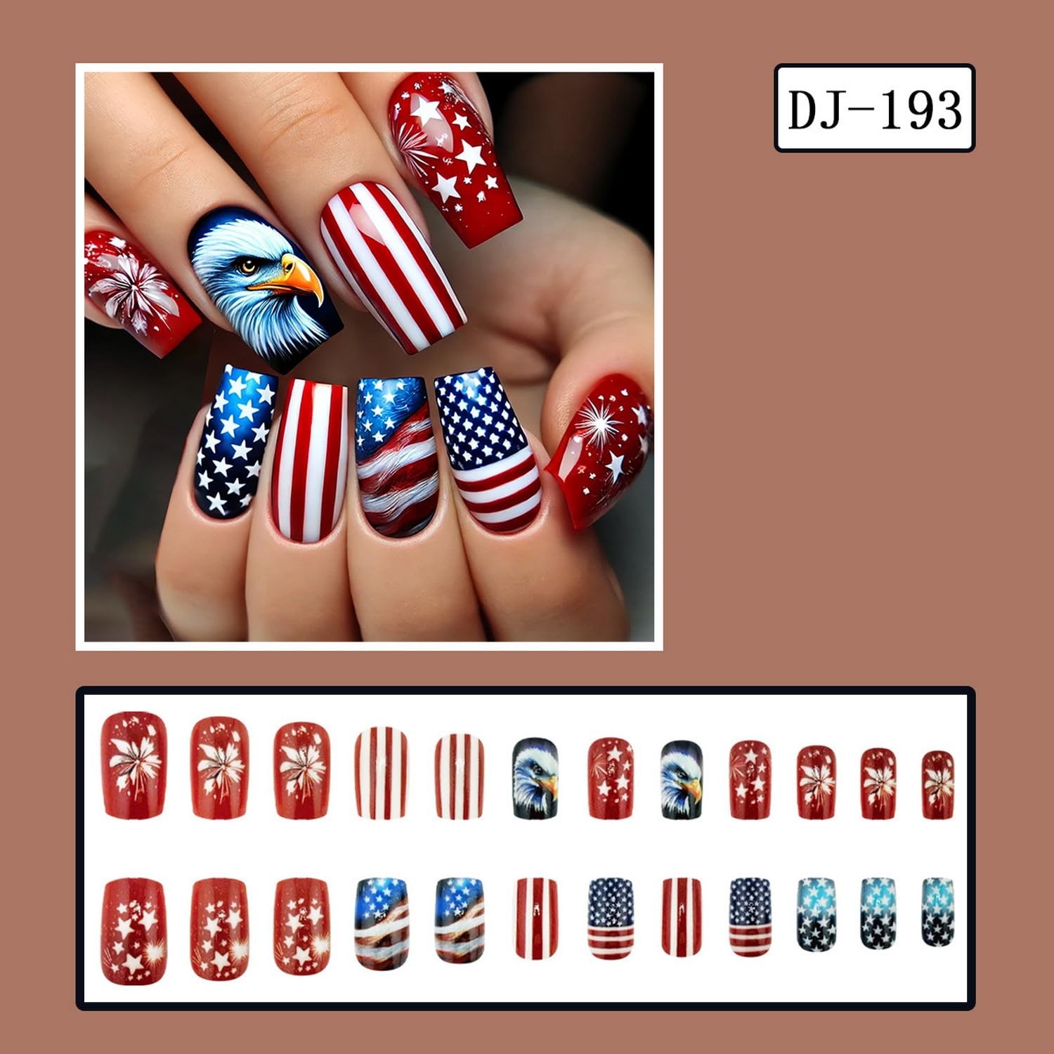 4th of July Press on Nails Short Square Fake Nails American Flag Eagle Fireworks