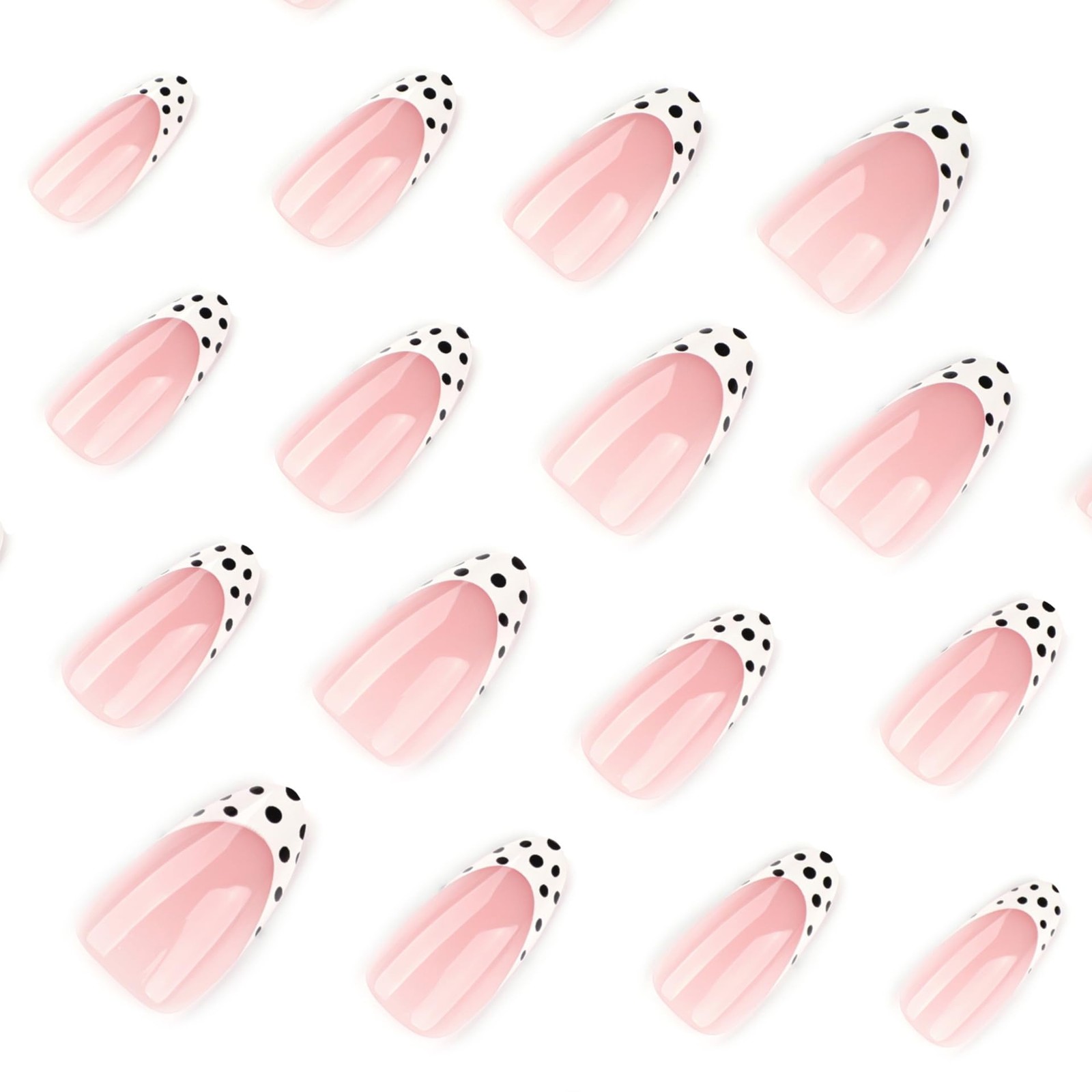 Press On Nails Almond Medium Nude Pink French Tips with Black Polka Dot Desig…