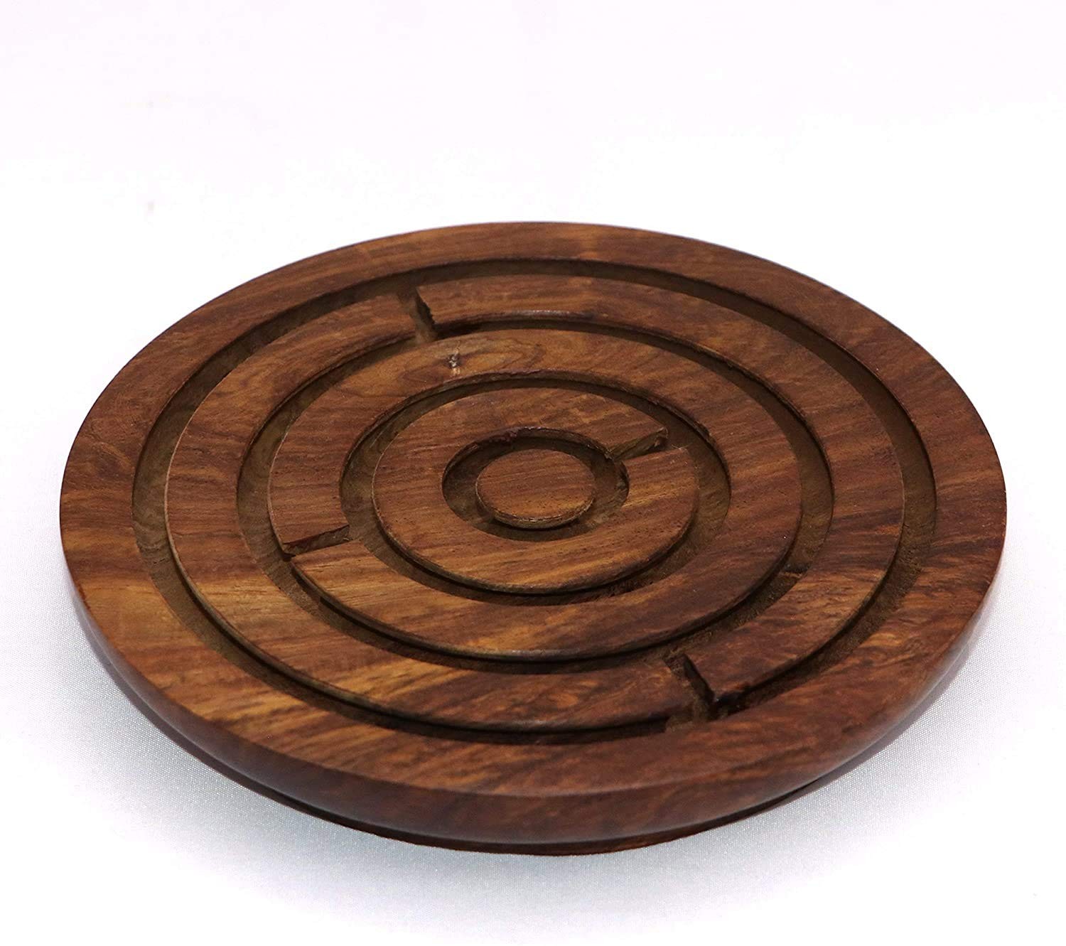 Ajuny Handcrafted Indian Wooden Round Labyrinth Ball Maze 6 Inch, Brown