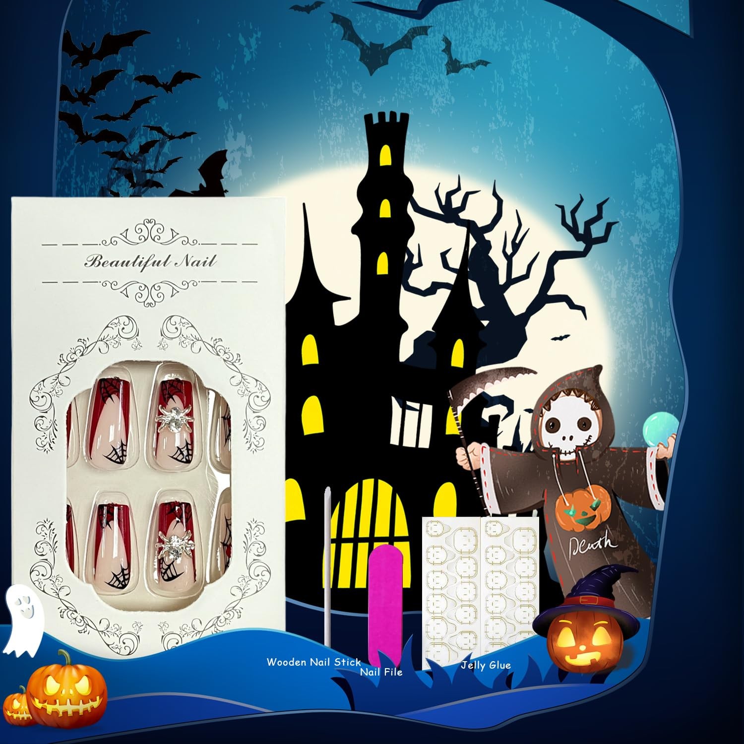 Halloween Press on Nails Square Medium Fake Nails With 3D Spider Heart Charms…