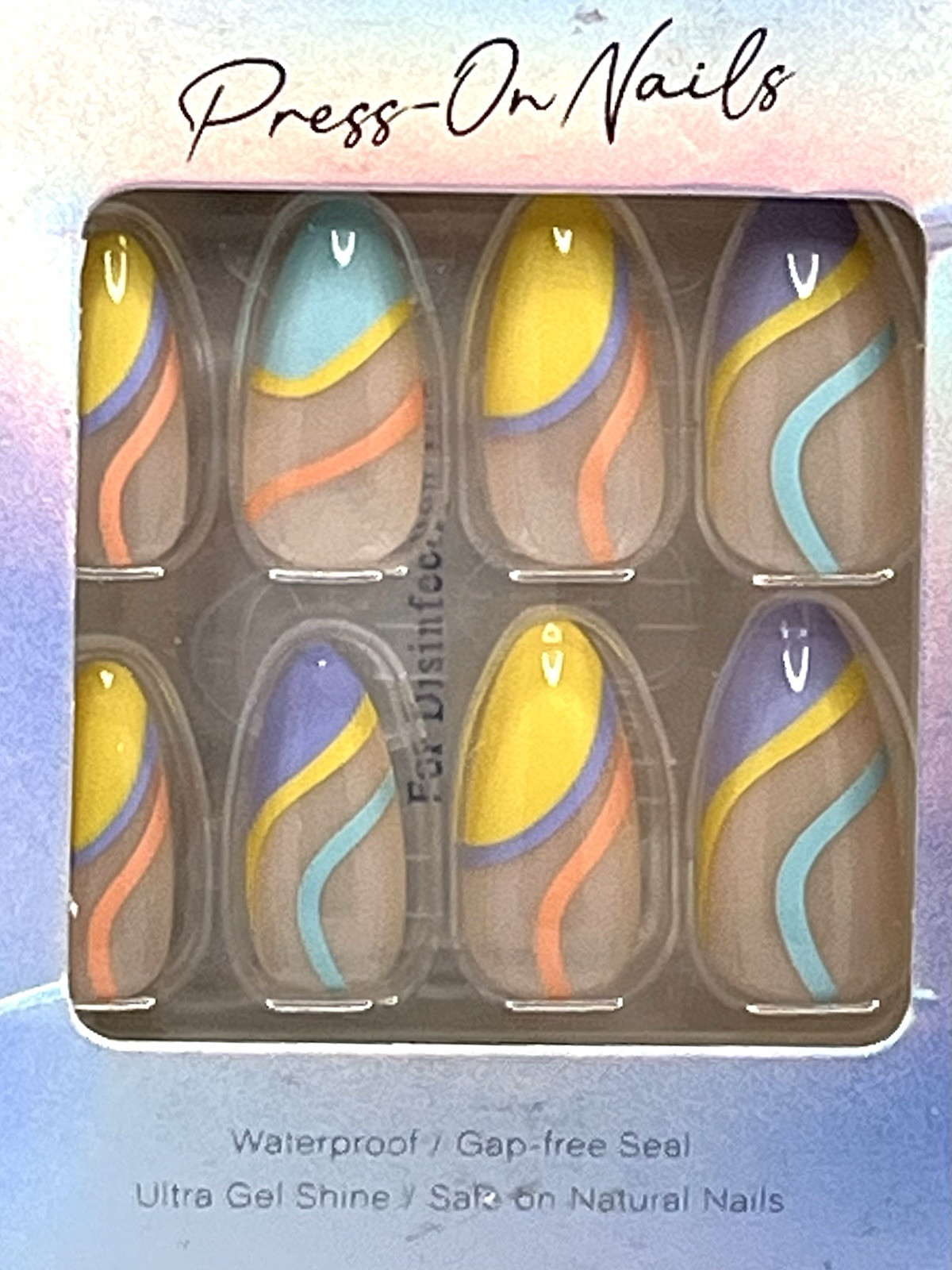 Press On Nails Medium Almond Shape Designer Nails Blue/Yellow/Purple Retro Swirl