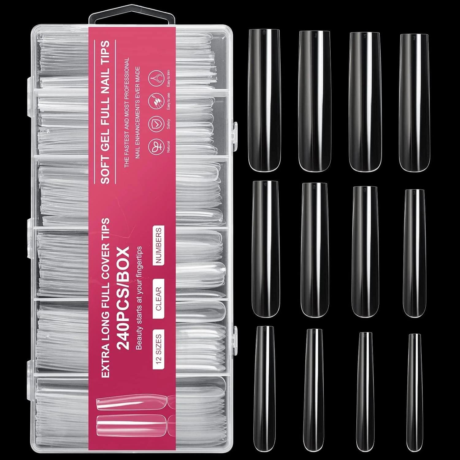 Aoraem Extra Long Square Full Cover Nail Tips 240pcs Xxxl Clear Full Cover Fake
