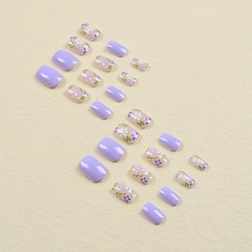 Flower Press on Nails Extra Short Purple Fake Nails Spring Floral Designs 1