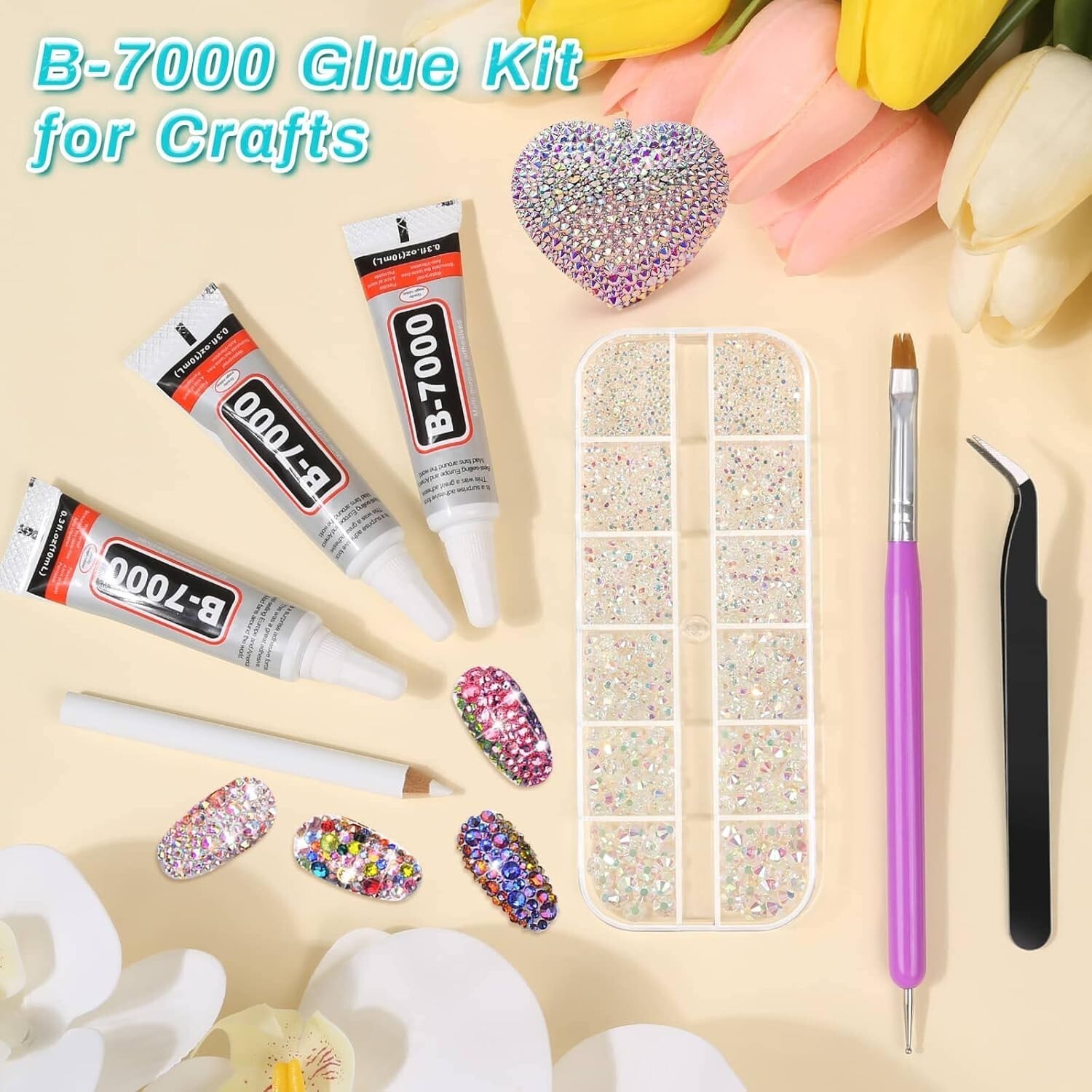 2100Pcs Clear AB Rhinestone with Tweezer Clear Glue Tool Kit For Making DIY