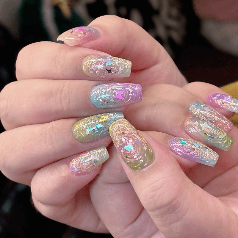 48 Pieces of Fine Sparkling Star Glitter Fake Nails – Removable Daily Nail Art