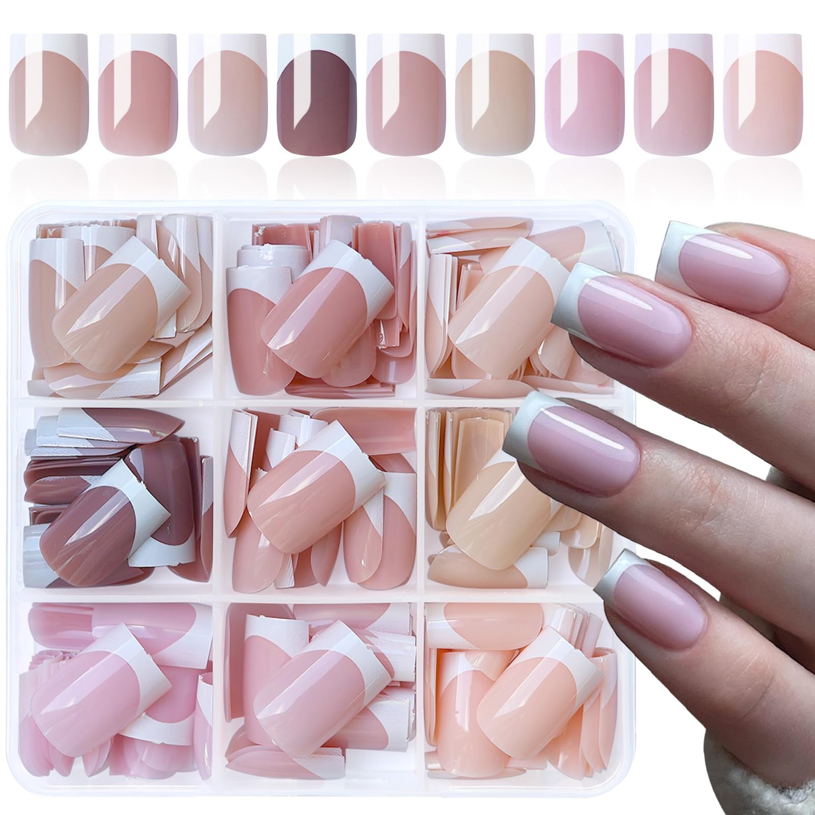 216pc White French Tips Press on Nails Medium Fake Nails Square, Pink Nude Me…