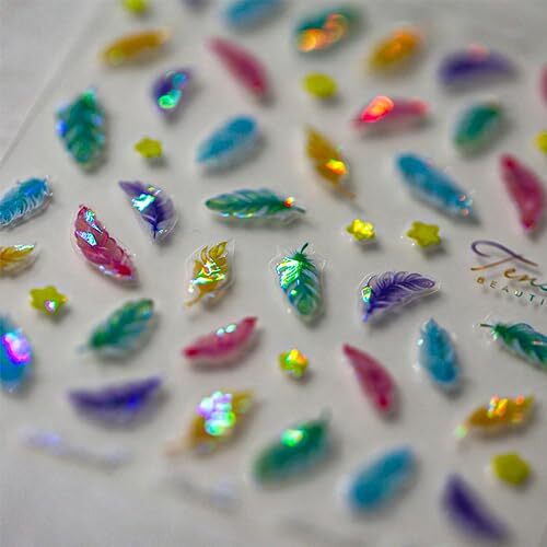 Nail Art Stickers 5D Embossed Nail Decals White Green Blue Pink Leather Feather
