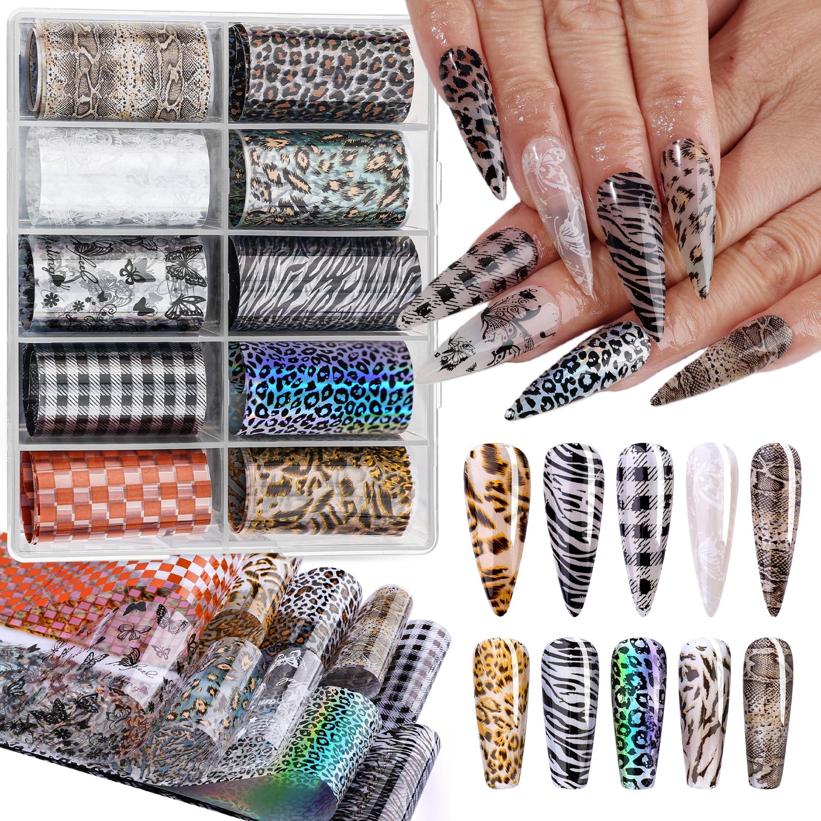 10 Rolls Nail Art Foils Transfer Stickers, Butterfly Plaid Snake Leopard Lace…
