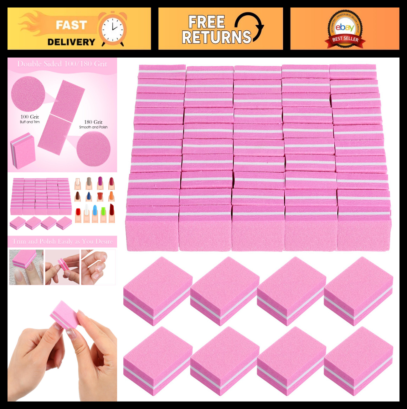 400 Mini Nail Buffers – 100/180 Grit Buffing Blocks for Acrylic & Natural Nails