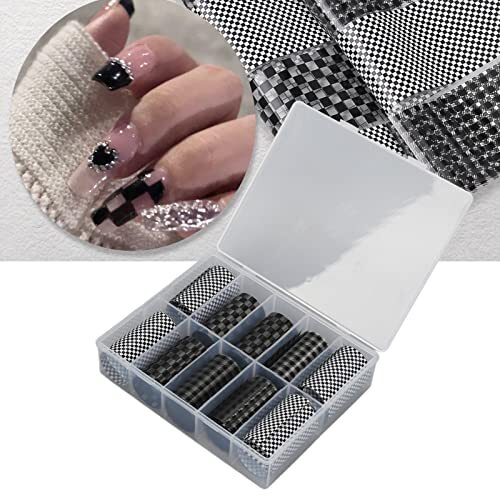 10 Rolls Plaid Nail Art Stickers, Black White Plaid Design Nail Tips Decals