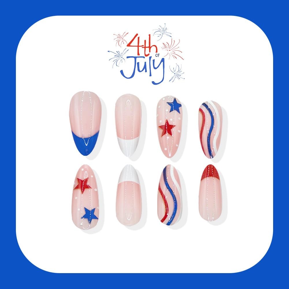 4th of July Press on Nails Medium Almond French Tip Fake Nails Press ons Glos…