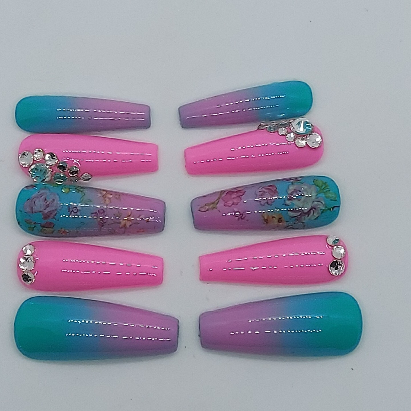 Pink Nails Teal Turquoise Nails Floral Spring Nails Crystals Press on Nails