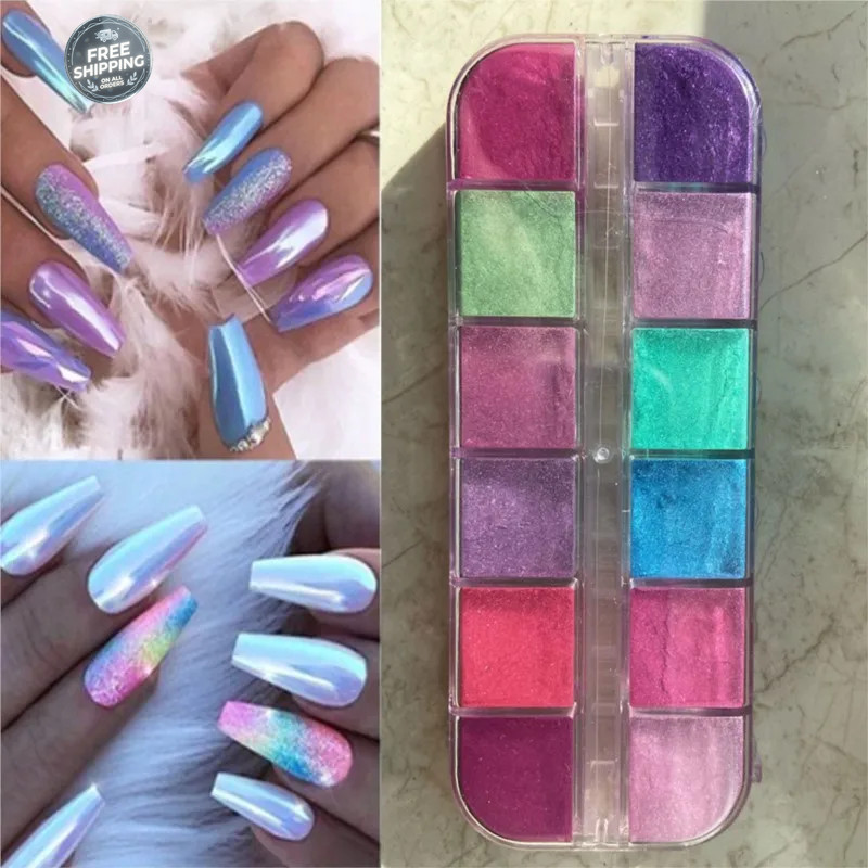 12 Grids Mirror Effect Mermaid Nail Powder Holographic Pearl Chrome Pigment Fine