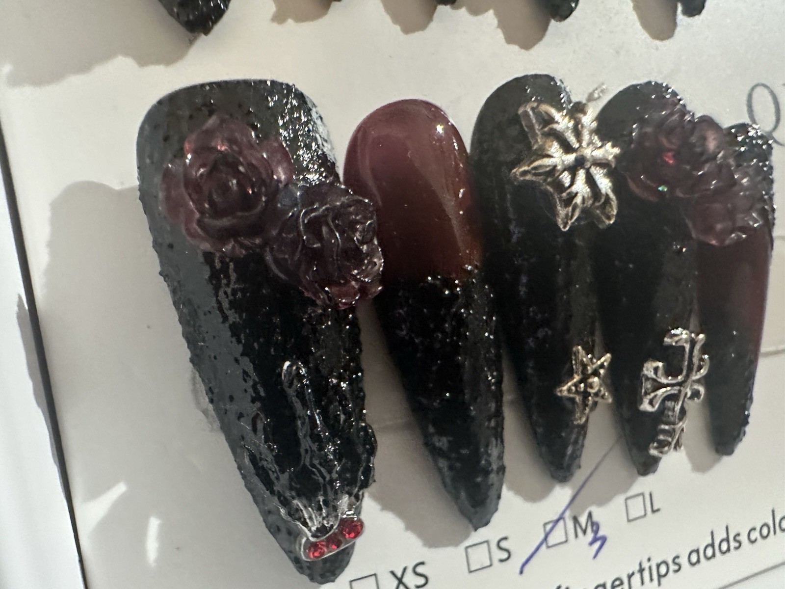 Black Burgundy 3D Stiletto Press-On Nails Gothic Roses Crosses size M