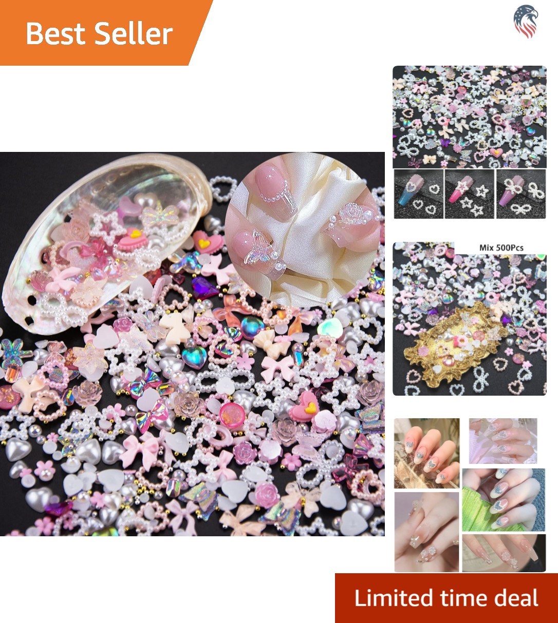 500pcs Assorted Pink 3D Nail Charms Pearl Heart Flower Bowknot Beads