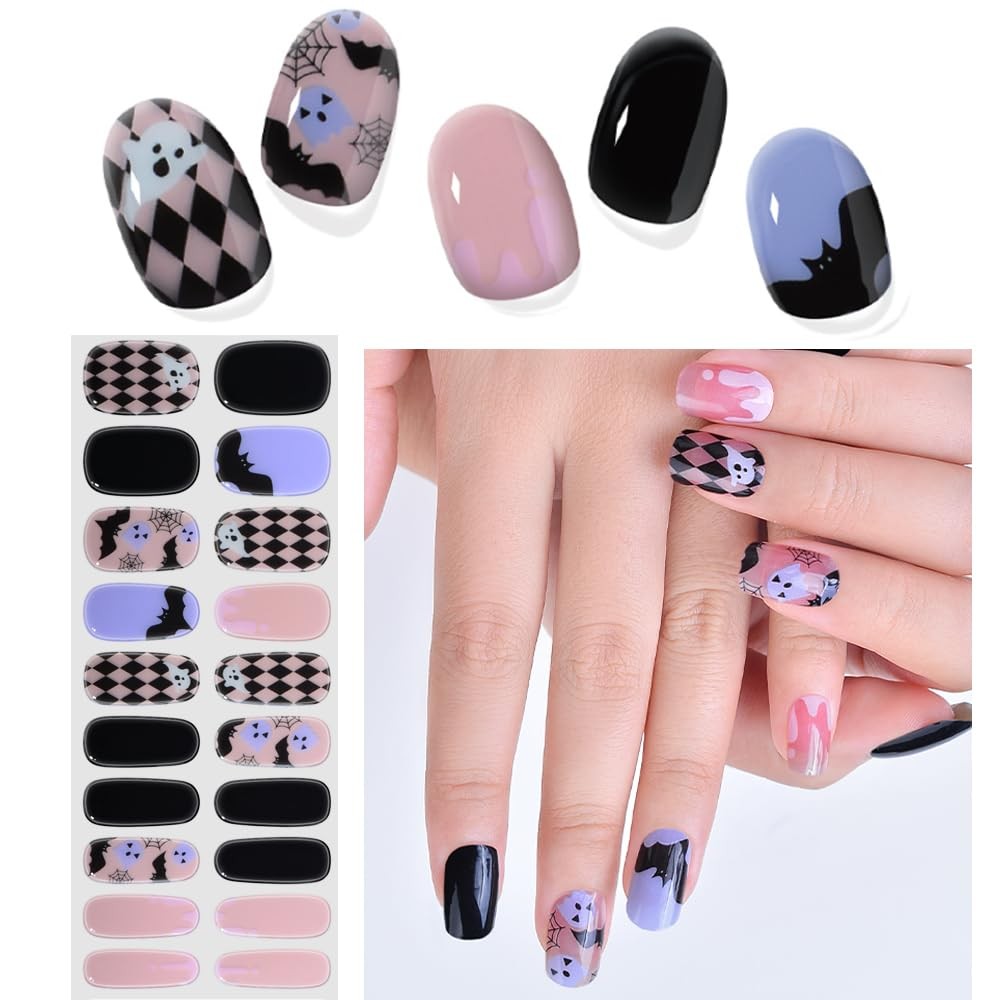 Halloween Semi Cured Gel Nail Strips, Cute Bat Ghost UV Nail Wraps – Long Las…
