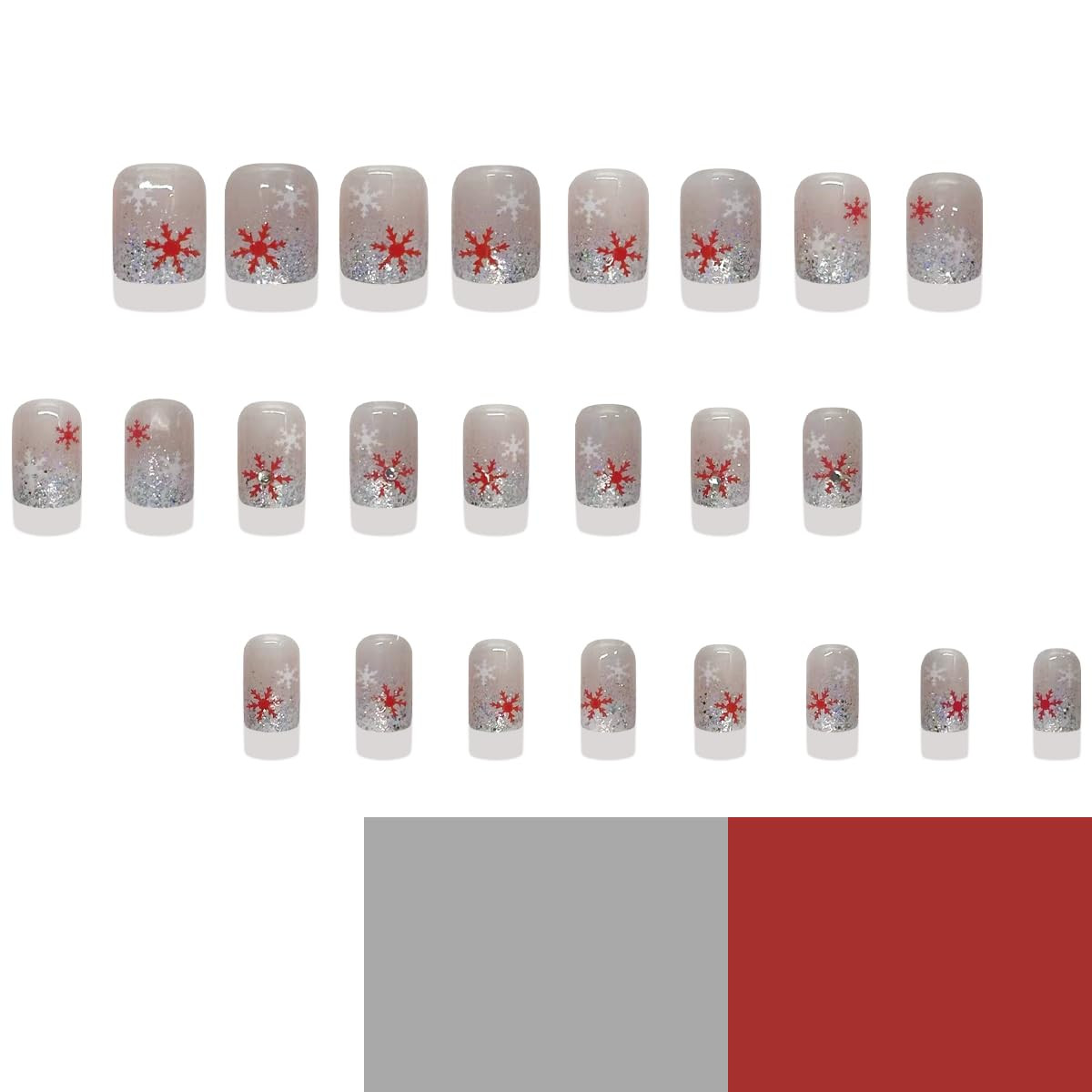 24Pcs Christmas Press on Nails Short Square Fake Nails Red White Snowflake Rhine