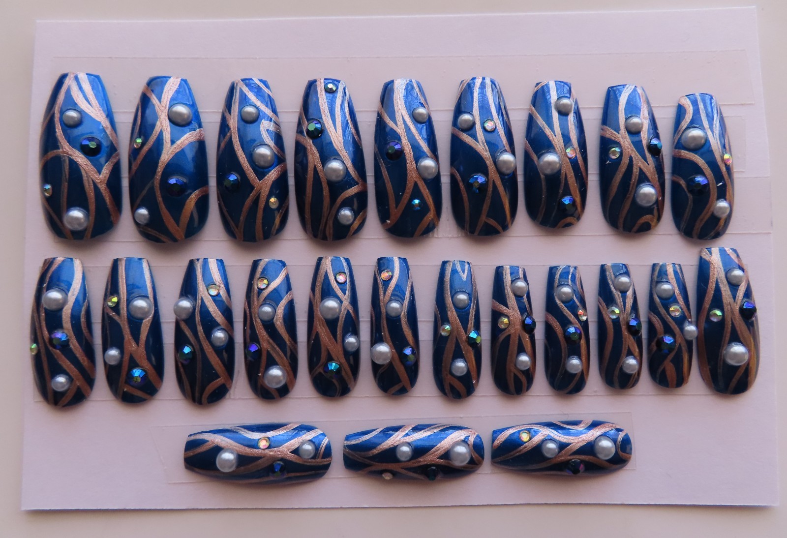 (2) Set Pink Blue Black Abstract Flower | Blue Pearl Ballerina Press-On Nails