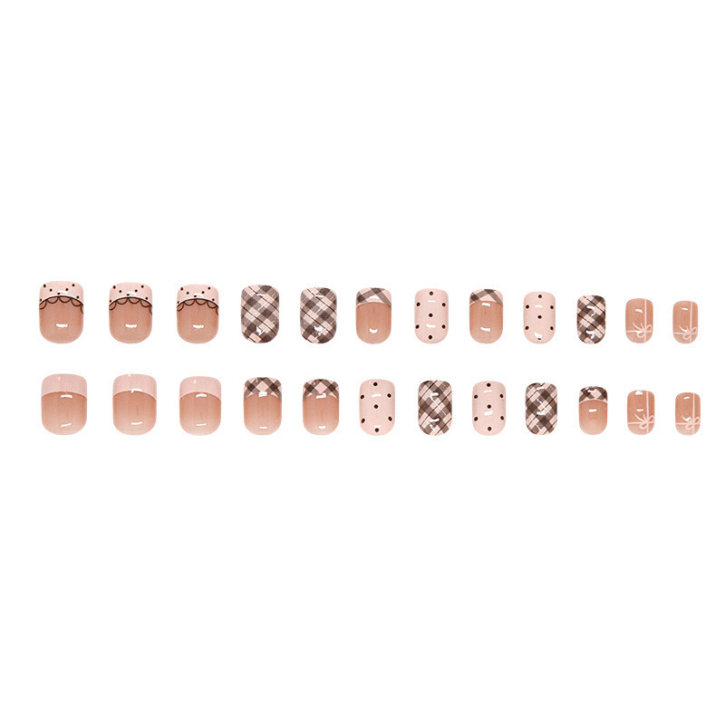 48Pcs Short Square Pink Plaid Polka Dot Press on Nails Cute Fake Nails