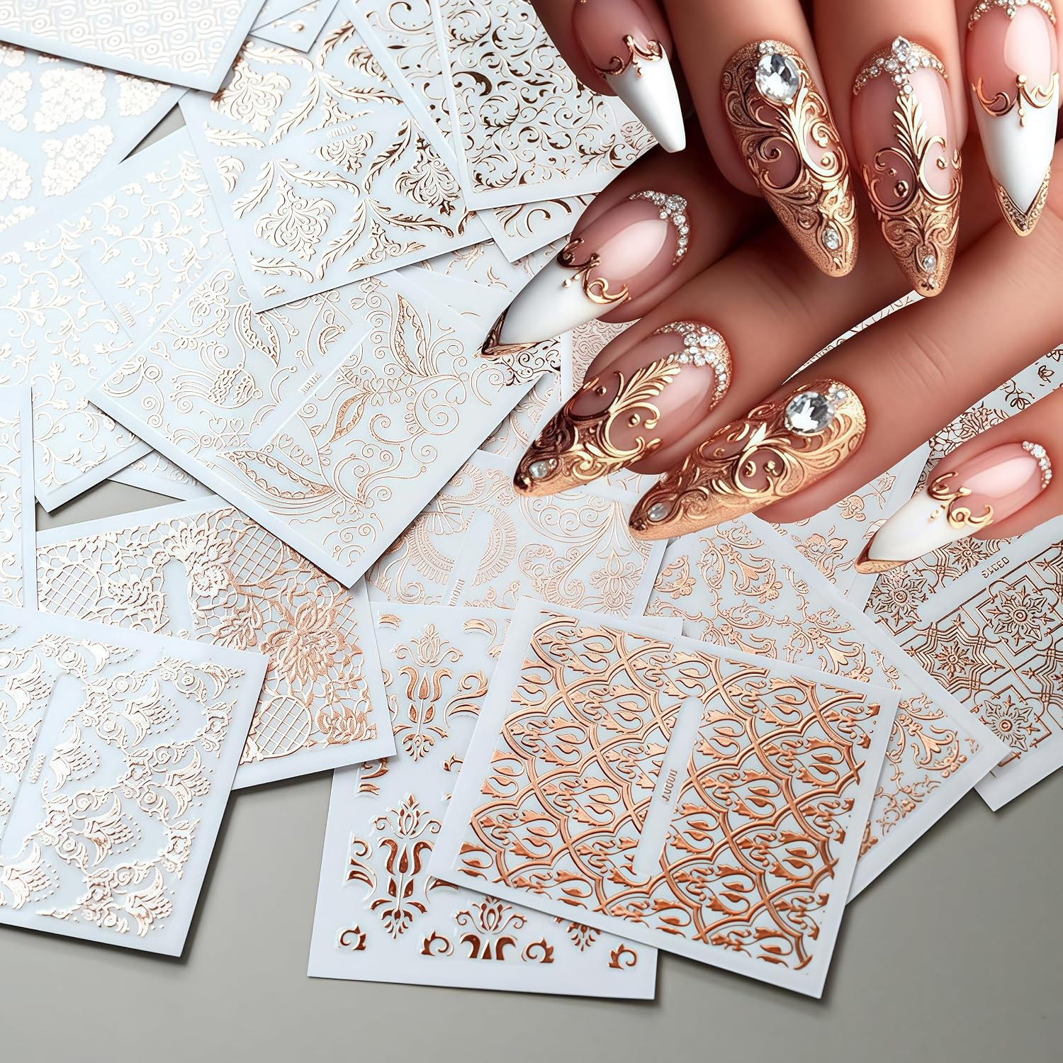 30 Sheets Lace Flower Nail Art Sticker 3D Self-Adhesive Hollow Rose Golden Lace