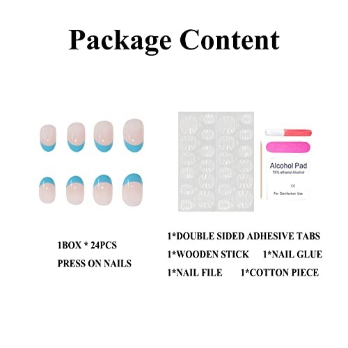 Oval Press on Nails – Short Fake Nail – Blue French Tip Round Acrylic 0236ABlue