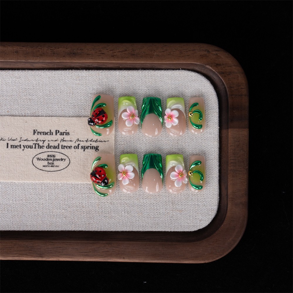 10pcs Nude Green Square Nails 3D Ladybug Floral Spring Luxury Acrylic