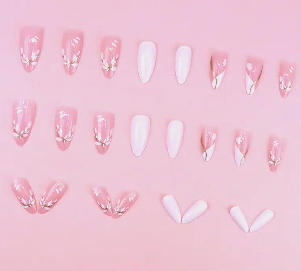 24 Pcs Press-On Nail – Medium Almond Glossy – White Solids and Pink w/Flowers