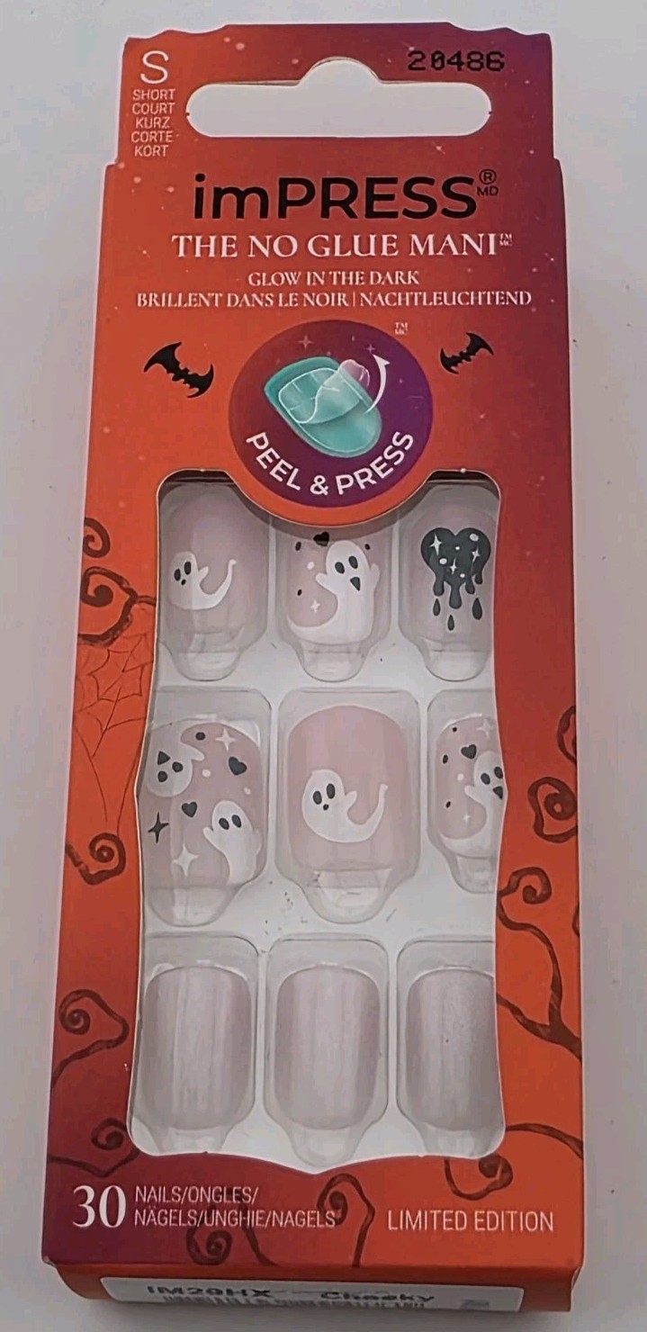 Impress No Glue Mani Pink Cheeky Ghosts Dripping Heart Glow In Dark Short 30ct