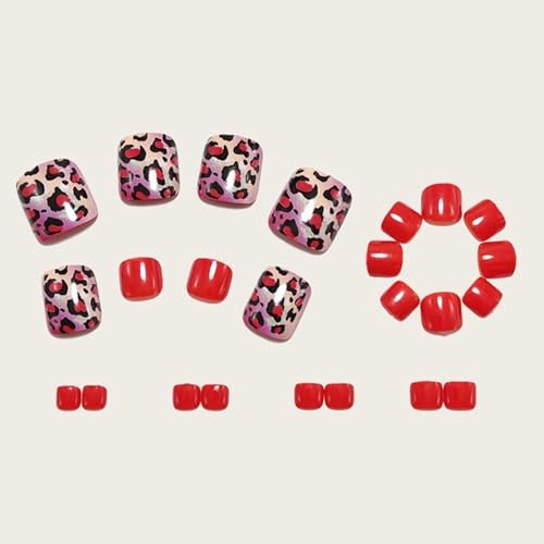 Press on Toes Nails Square Red Fake Toe Nails with Pink Purple Leopard Print
