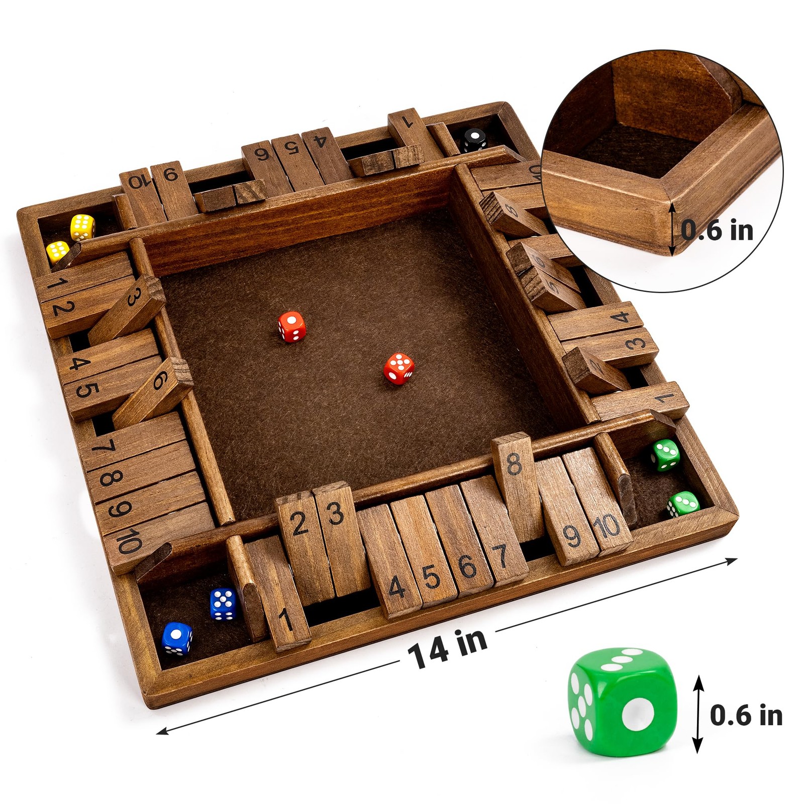 ropoda 14 Inches 4-Way Shut The Box Game (2-4 Players) for Kids & 14in, Brown