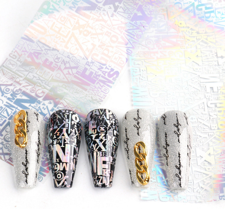 10Pcs Nail Foil Sticker Black White Letter Series Art Decals Decoration 517 NS46