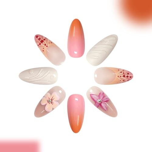 Summer Press on Nails Almond – Medium French Tip Fake Nails 3D Flower Style-17