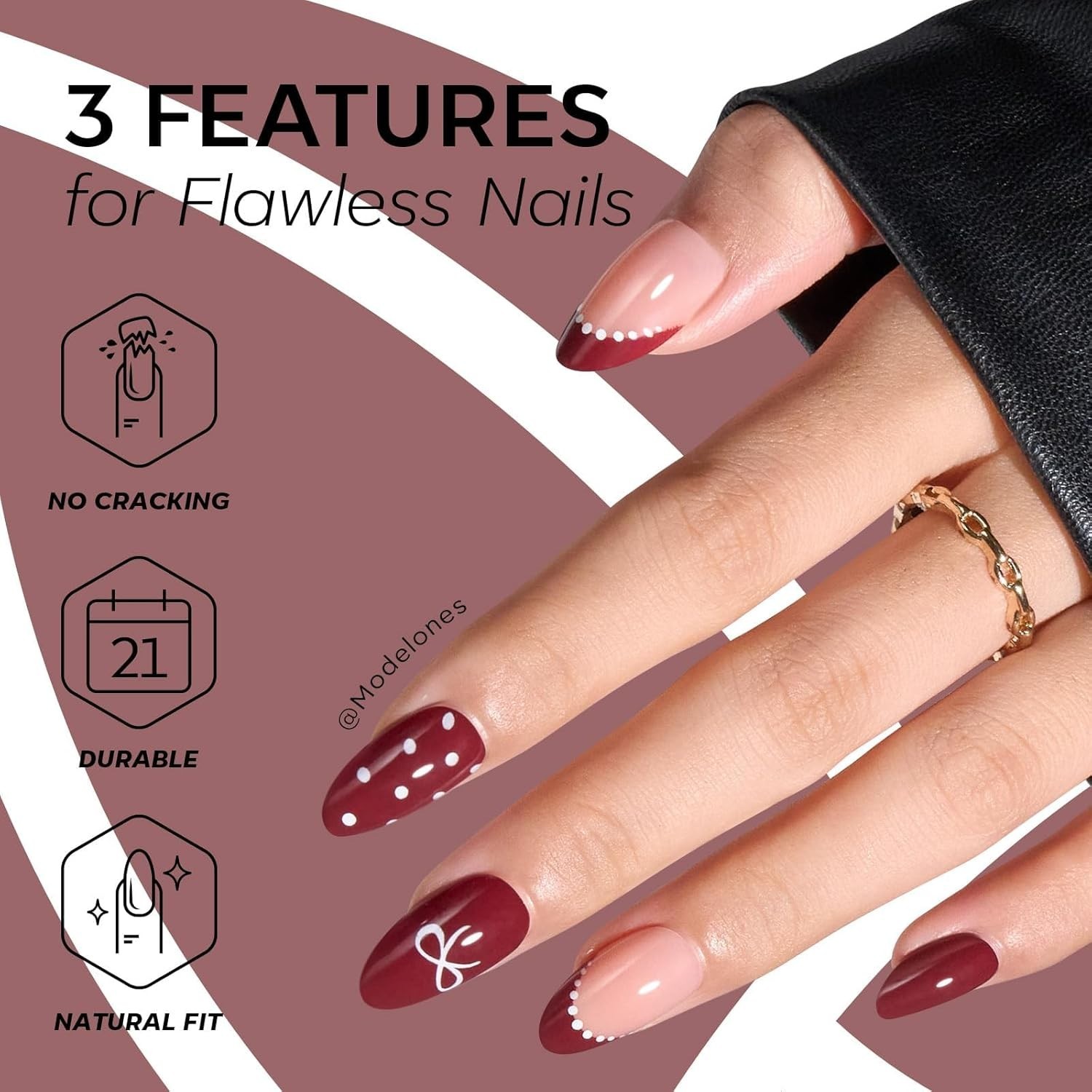 Modelones Dark Red Press on Nails Almond, Burgundy French Tip Polka Dot Bow