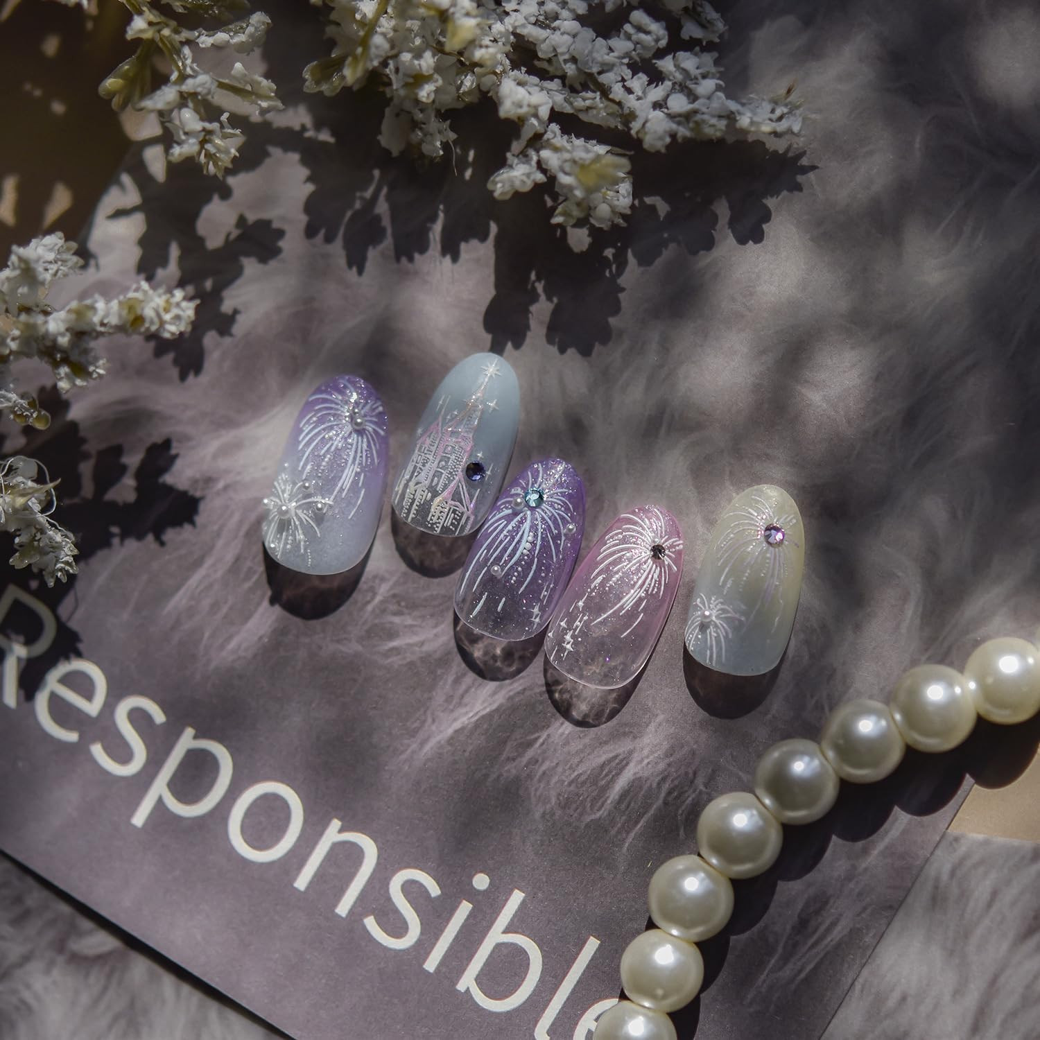 Fireworks Nail Stickers White Pink Nail Art Stickers with Design Pearl Nail Deca