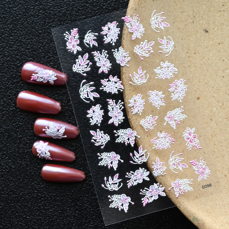 5D Nail Stickers White Pink Daisy Flowers Wedding Embossed Decal Nail Art NH27