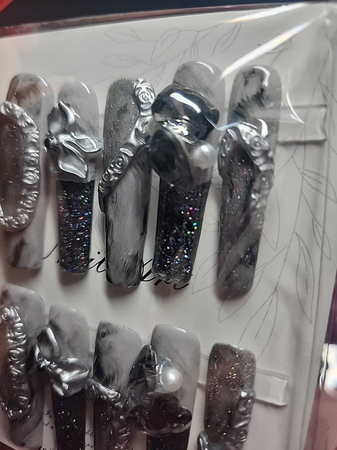 Press On Nails Handmade Medium Long Square Charcoal cateyes Water nails