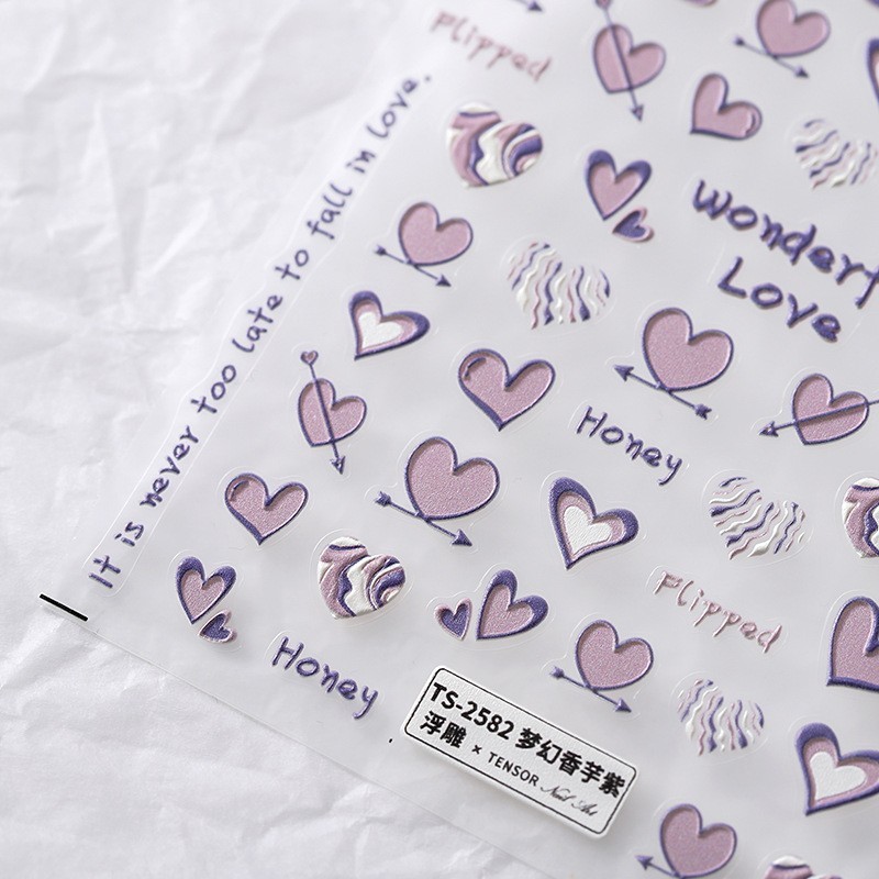 Purple Heart Nail Stickers – 5D Embossed Romantic Valentine Decals (242)