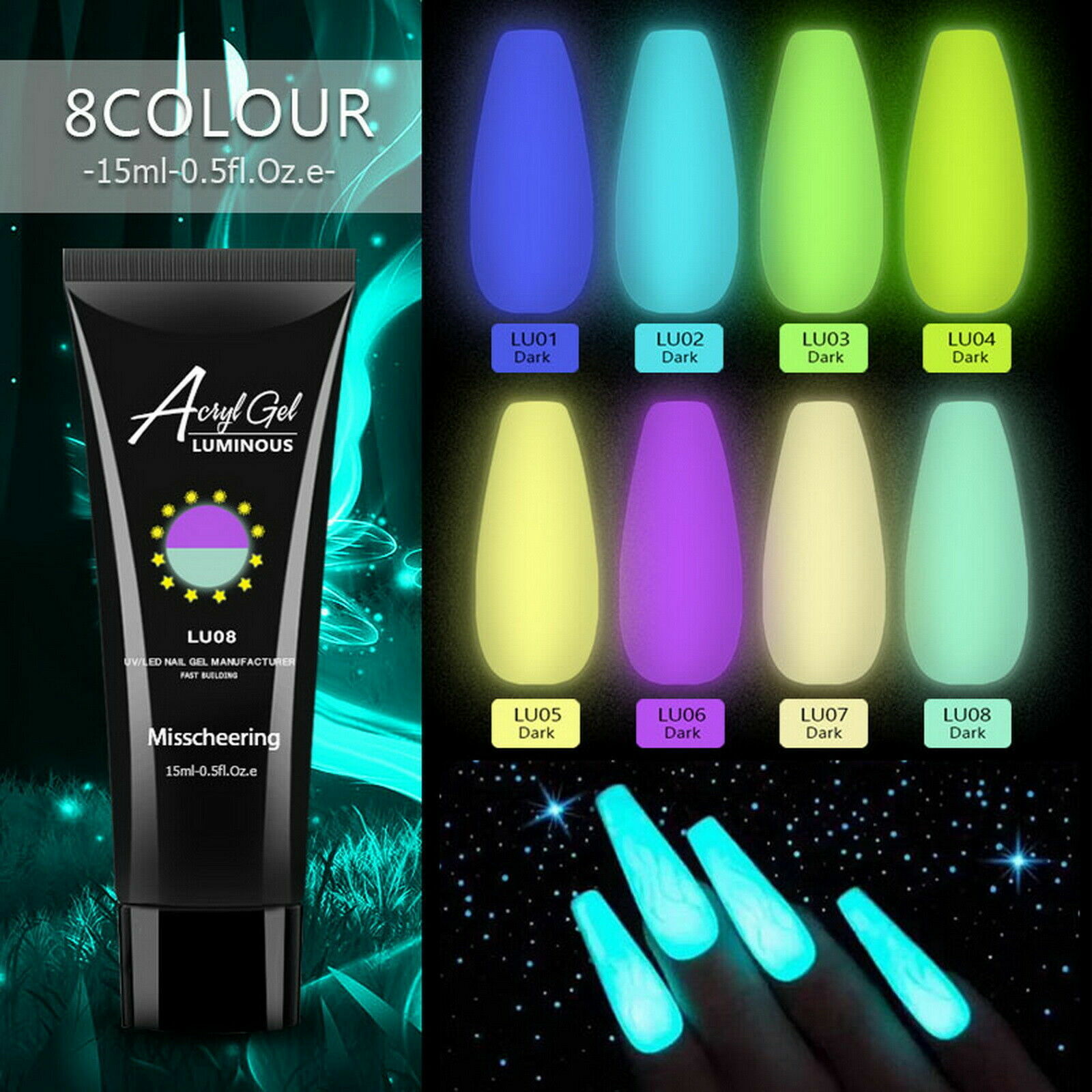8 Colors Glow In Dark UV Nail Extension Gel 15ml Poly Luminous Nail Building Art