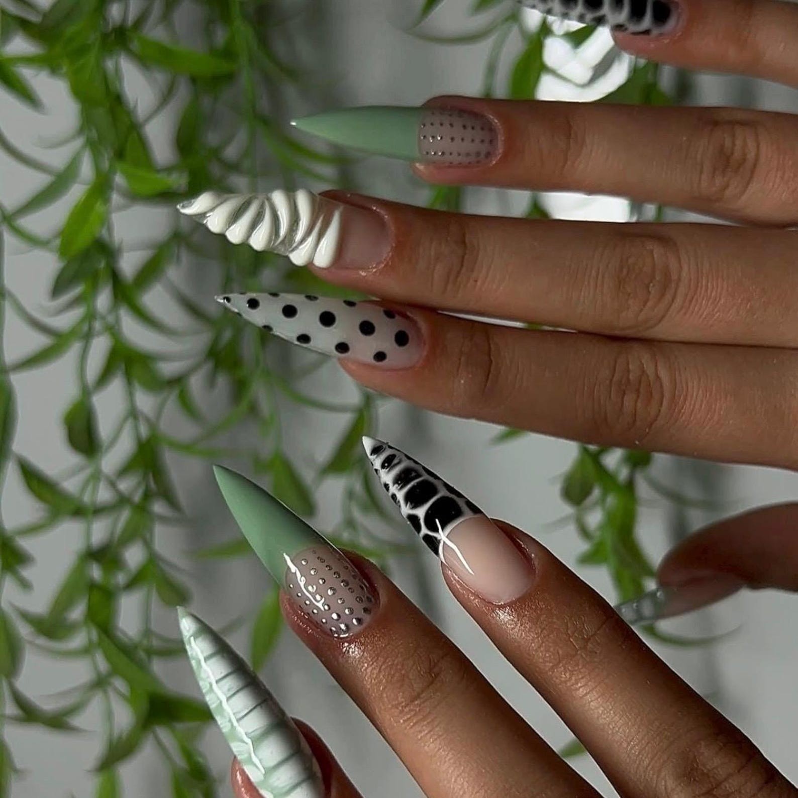 Handmade Sage Green Black Cow Print Dot Rhinestone Long Stiletto Press On Nails