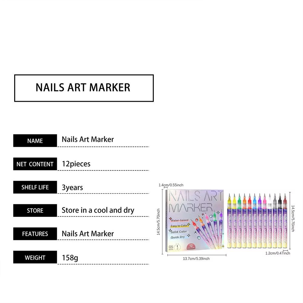 12Pcs/Set Nail Acrylic Graffiti Pen 12 Color Nail Marker Drawing DIY Beauty Nail